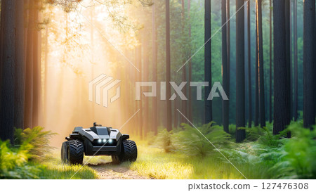 Autonomous electric atv driving through a misty forest at sunrise, showcasing innovation in off-road mobility and environmental consciousness 127476308