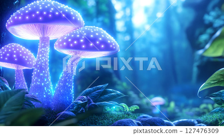 Bioluminescent mushrooms glowing in a magical enchanted forest at night 127476309