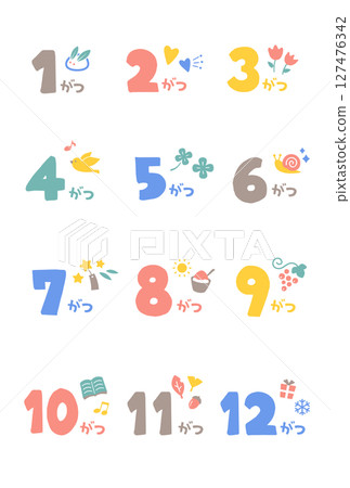Colorful and cute hiragana month name set (January to December) 127476342