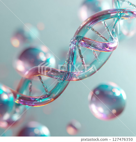 A captivating close-up of a vibrant, iridescent DNA double helix, rendered with stunning clarity and depth. The luminous, translucent strands intertwine, reflecting a spectrum of purple, pink, 127476350