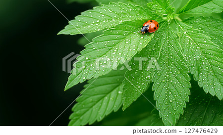 Close-up of a ladybug exploring a vibrant green cannabis leaf covered in glistening water droplets after a refreshing rain 127476429