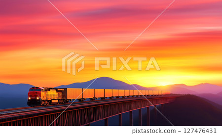 Long freight train passing over bridge at sunset with colorful sky in the background 127476431