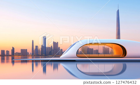 Futuristic oval building with large windows floating on calm water reflecting city skyline during sunset Futuristic oval building with large windows floating on calm water reflecting city skyline during sunset 127476432
