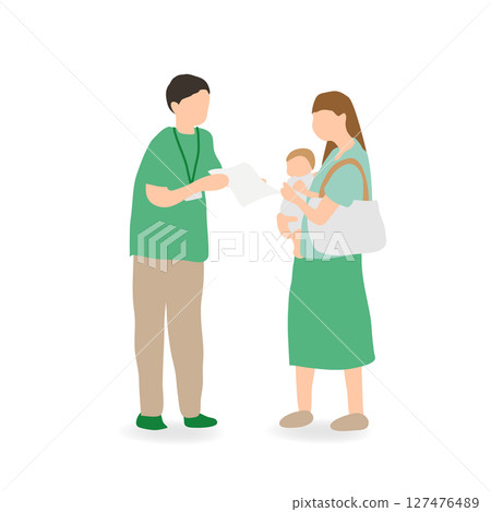 Illustration of a local staff member explaining to a mother with an infant (maternal and child support) 127476489