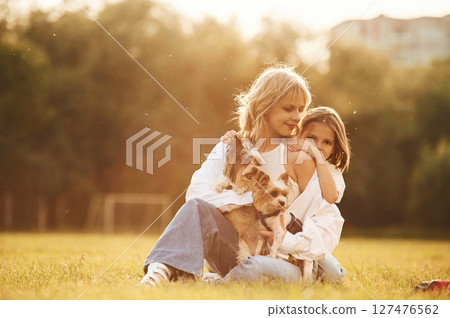 Embracing the mother. Beautiful mother with her little daughter and dogs are on the summer field together Embracing the mother. Beautiful mother with her little daughter and dogs are on the summer field together 127476562