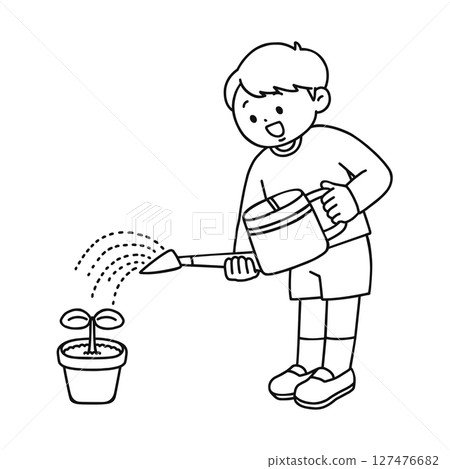 男孩給植物澆水的線描 127476682