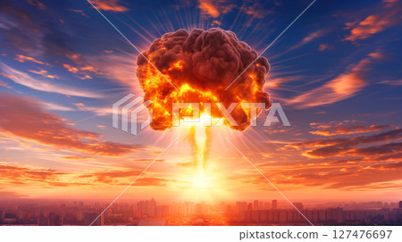 Dramatic explosion creates a nuclear mushroom cloud over urban skyline 127476697