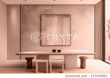 Stylish dining area with a mocha mousse wooden table and minimalist decor. Modern trendy tone hue shade 127476801