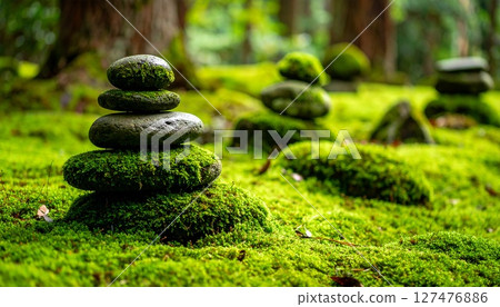 日本禪宗花園：青苔覆蓋的岩石和石堆的寧靜 127476886
