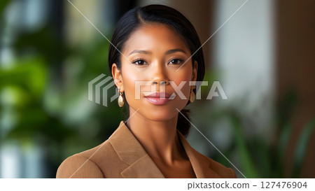 Businesswoman exuding confidence in a modern office setting Businesswoman exuding confidence in a modern office setting 127476904