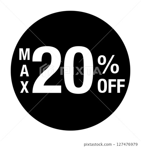 圓形向量插圖，帶有文字“MAX 20% OFF”黑白文字透明背景 127476979