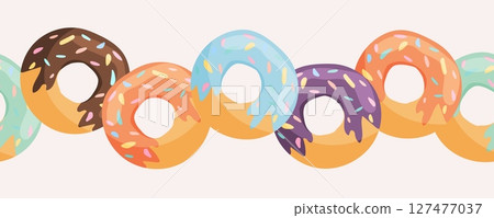Seamless horizontal border with colorful donuts Seamless horizontal border with colorful donuts 127477037