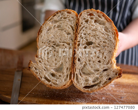 Artisan Sourdough Bread in Hand Fresh from the Oven. Artisan Sourdough Bread in Hand Fresh from the Oven. 127477080