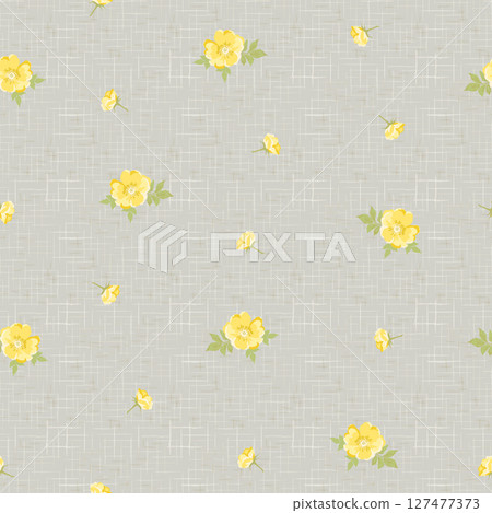 天然亞麻布上的無縫花卉圖案，野玫瑰花卉圖案 127477373