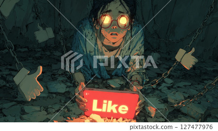 A haunting surreal digital illustration depicting a person with hollow, empty eyes fixated on a glowing 'Like' button. Generative AI 127477976
