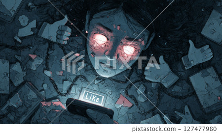 A haunting surreal digital illustration depicting a person with hollow, empty eyes fixated on a glowing 'Like' button. Generative AI A haunting surreal digital illustration depicting a person with hollow, empty eyes fixated on a glowing 'Like' button. Generative AI 127477980