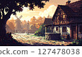 Retro game style natural pixel art background (reminiscence village with windmill and well) Generative AI 127478038