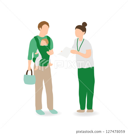一位父親抱著嬰兒與輔導員交談的插圖(社區支持) 一位父親抱著嬰兒與輔導員交談的插圖(社區支持) 127478059
