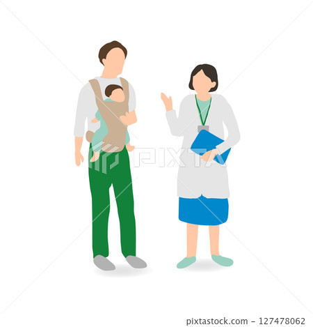 Illustration of a father, baby and a public health nurse talking (health check support) Illustration of a father, baby and a public health nurse talking (health check support) 127478062