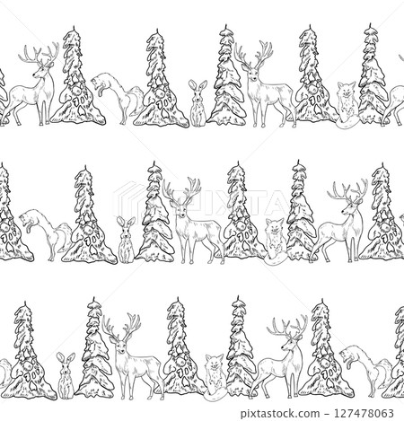 Seamless winter pattern with snowy fir trees and woodland animals hand drawn black white outline vector. Rustic forest scene with fox, deer and hare monochrome repeated background for Christmas print. Seamless winter pattern with snowy fir trees and woodland animals hand drawn black white outline vector. Rustic forest scene with fox, deer and hare monochrome repeated background for Christmas print. 127478063