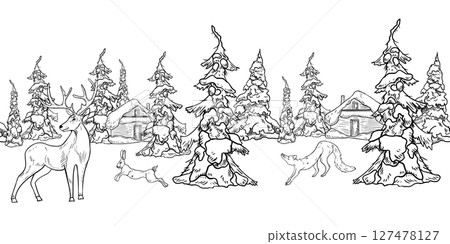 Christmas seamless border of snowy trees, woodland hut, and forest animals hand drawn black white outline vector. Winter fir forest with rustic cabin, deer, fox, and hare ink sketch for festive prints 127478127
