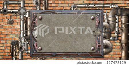 Metallic frame with vintage metal details, pipelines, gear, retro rivets on old brick wall background. Mock up template. Copy space for text. Can be used for steampunk, industrial, mechanical design 127478129