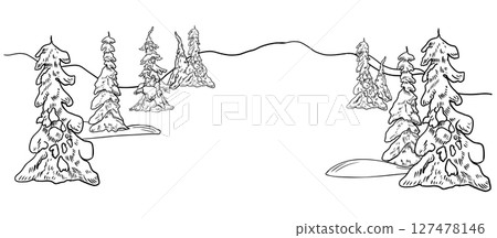 Fir and spruce trees black and white outline vector hand drawn on border. Winter woodland landscape scene with snowdrift monochrome sketch for holiday prints, packaging, and vintage Christmas design. 127478146