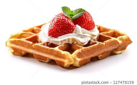 Belgian waffles with fresh cream and strawberries on a white background. 127478159