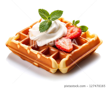 Belgian waffles with fresh cream and strawberries on a white background. 127478165
