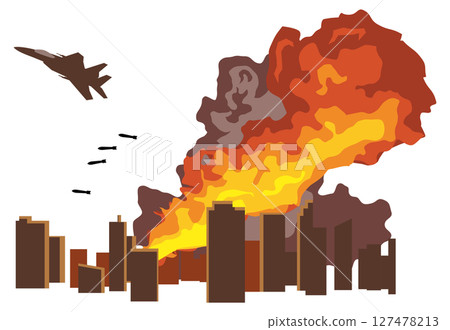 一架戰鬥機向城市投擲炸彈的插圖 一架戰鬥機向城市投擲炸彈的插圖 127478213