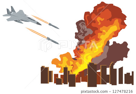 Illustration of a fighter jet dropping a bomb on a city Illustration of a fighter jet dropping a bomb on a city 127478216