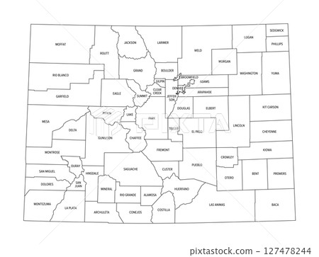State of Colorado, subdivided into 64 counties, outline map with county names and boundaries. State in the Mountain West subregion of the United States, nicknamed The Centennial State. Isolated vector 127478244