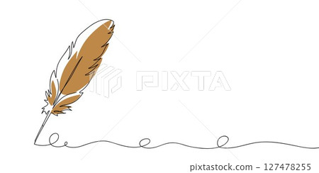 Continuous line drawing of writing quill feather pen. Minimalist black linear sketch isolated on white background. Hand drawn vector illustration. 127478255