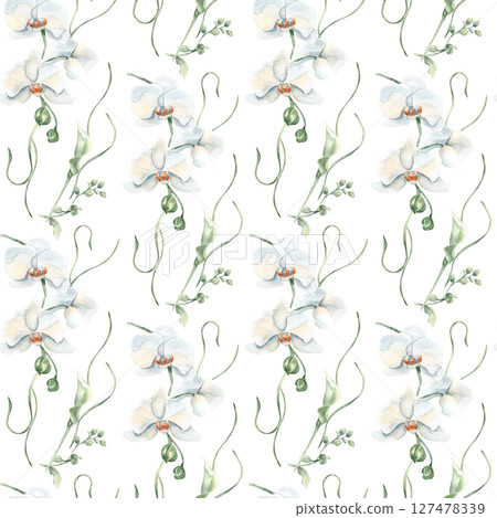 Watercolor seamless floral print with white orchid blooms, lily buds, and graceful stems isolated. Light neutral botanical repeat pattern for design wrapping paper, wallpaper, textile and background. 127478339