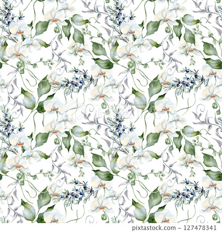 Juniper greenery, white orchids, winding twigs soft watercolor seamless pattern isolated. Neutral botanical repeated background hand painted foliage and flowers for packaging, fabric design, textile. 127478341