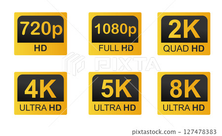 Video resolutions full ultra quad HD, video quality badge icon. Video resolution set. 127478383