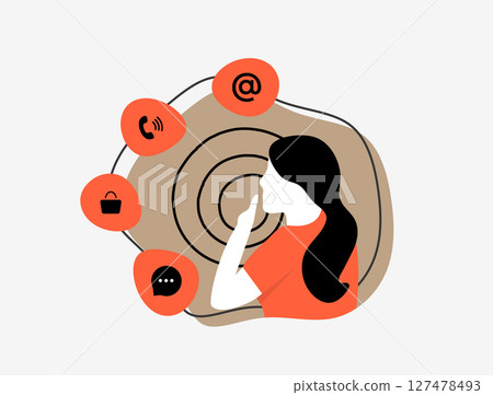 Overwhelmed young girl thinking of mental load, invisible labor, cognitive fatigue. Burnout from multitasking and daily routine pressure. Mental load flat design vector illustration 127478493