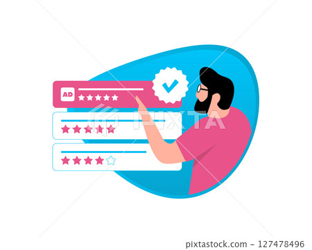 Ad Trust Scores - user evaluating sponsored ad based on rating, ad trust score and feedback. Emphasizing ad transparency and credibility in modern digital marketing. Vector illustration Ad Trust Scores - user evaluating sponsored ad based on rating, ad trust score and feedback. Emphasizing ad transparency and credibility in modern digital marketing. Vector illustration 127478496