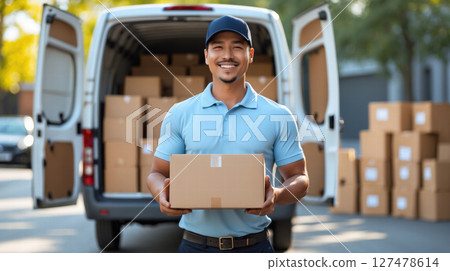a delivery man with a box in his hands next to the van 127478614