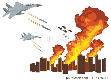 一架戰鬥機向城市投擲炸彈的插圖 127478615