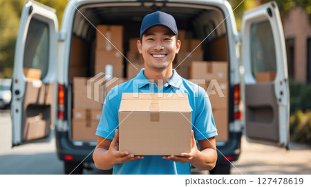 a delivery man with a box in his hands next to the van 127478619