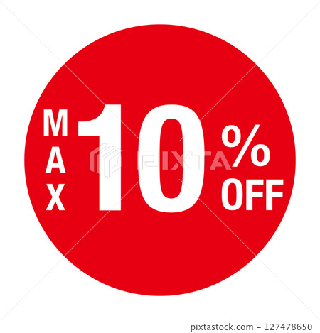 Circular vector illustration with the text "MAX 10% OFF" Red, white text, transparent background 127478650