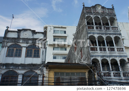 Colonial Architecture with Ornate Balconies in Phuket island, Thailand. Colonial Architecture with Ornate Balconies in Phuket island, Thailand. 127478696