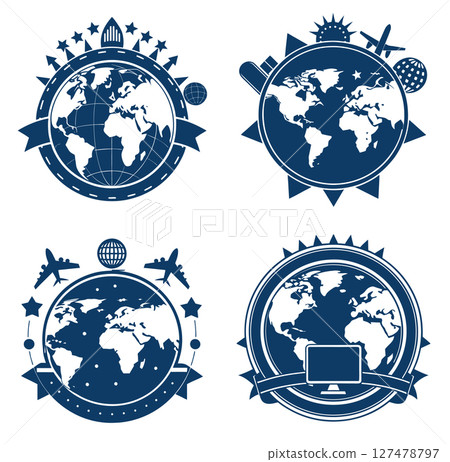 blue colored template set four travel-themed circle badges ribbons airplane silhouettes, map internet international icon 127478797