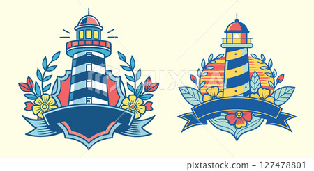 set two lighthouse, flowers banner guidance hope ribbon 127478801