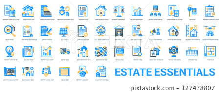real estate essentials buying selling renting house property flat icon set, rent realtor lease agent 127478807