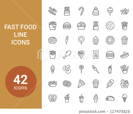 fast food 42 line icons set, cookie popcorn beans cream ice fast food 42 line icons set, cookie popcorn beans cream ice 127478828