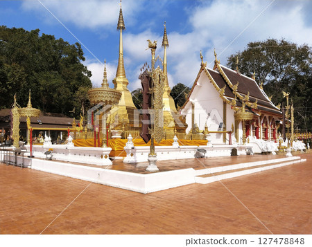 View of the famous two golden pagodas at Wat Phra That Doi Tung, View of the famous two golden pagodas at Wat Phra That Doi Tung, 127478848
