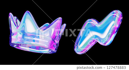 Crystal holographic y2k crown and lightning bolt icon with bright neon gradient isolated on black background. Render 3d set of liquid glass abstract shapes in retro futuristic style. 3D illustration Crystal holographic y2k crown and lightning bolt icon with bright neon gradient isolated on black background. Render 3d set of liquid glass abstract shapes in retro futuristic style. 3D illustration 127478883