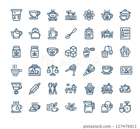 tea ceremony outline symbols set, thermometer timer scale balance 127478921
